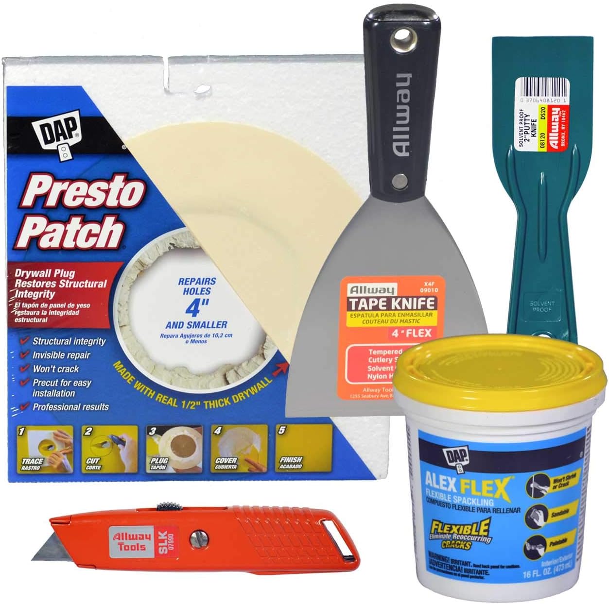 Drywall Repair Kit, Includes 4" Round DAP Presto Patch(1), 1pt Alex Flex Flexible Spackling(1), Retractable Utility Knife(1), 4" Flex Steel Tape Knife(1), 2" Plastic Tape Knife(1), Bonus Sandbar(1)