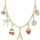 Initial Charm Necklace for Women, Evil Eye Four-Leaf Clover Sun Bow Cherry Strawberry Removable Charms Necklace Paper Clip Chain Choker, Trendy Jewelry Birthday Christmas Gifts for Her (Letter A )