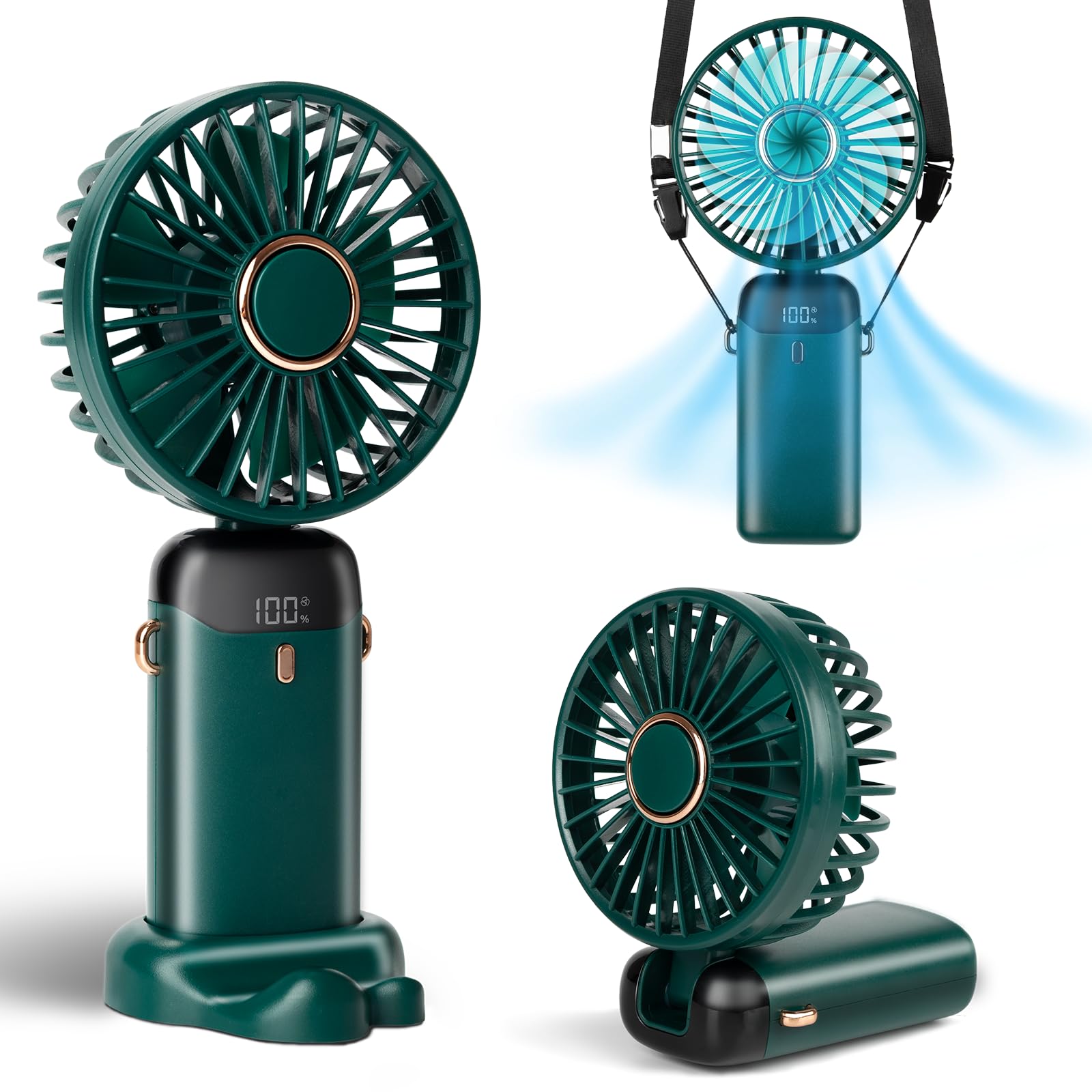 Photo 1 of Aucoofany Portable Handheld Fan, 12 hours, Upgrade 3200mAh Mini Fan Handheld with LED Display, 90° Foldable, 5 Speed Wind,Hand Held/Neck/Desk 3 in 1 Hand Held Fans, Makeup Fans for Women (Green)