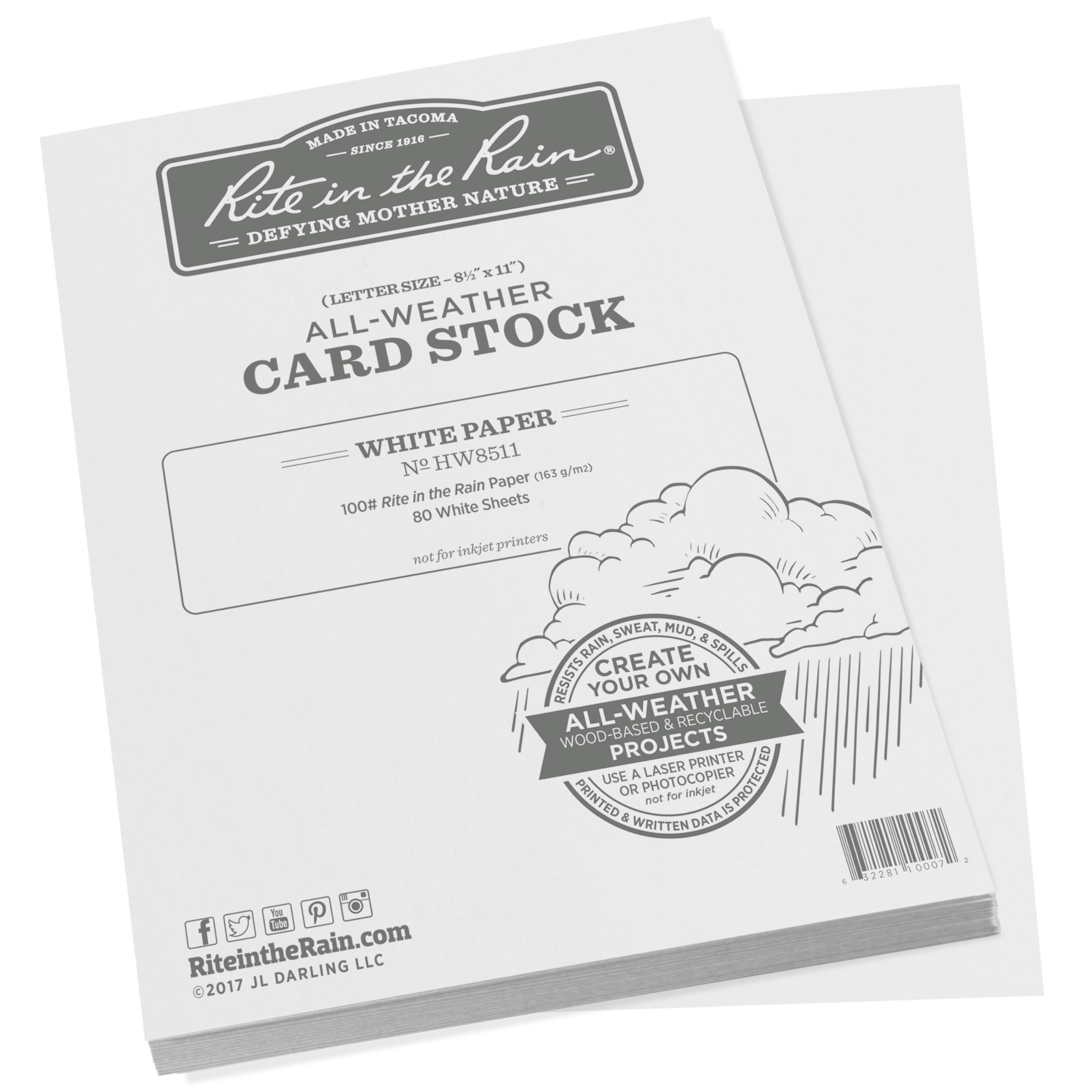 Rite in the Rain Weatherproof Card Stock, 8.5" x 11", 100# White, 80 Sheet Pack (No. HW8511)