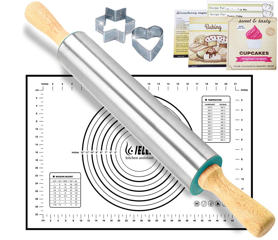 Rolling Pin Nonstick and Silicone Baking Pastry Mat Combo Kit Dough Rollers 