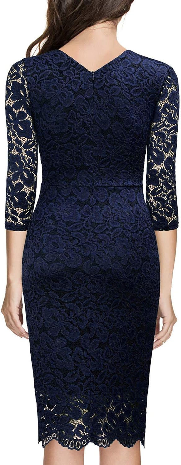 Miusol Women's Retro Deep-V Neck Ruffles Floral Lace Evening Pencil Dress: Clothing