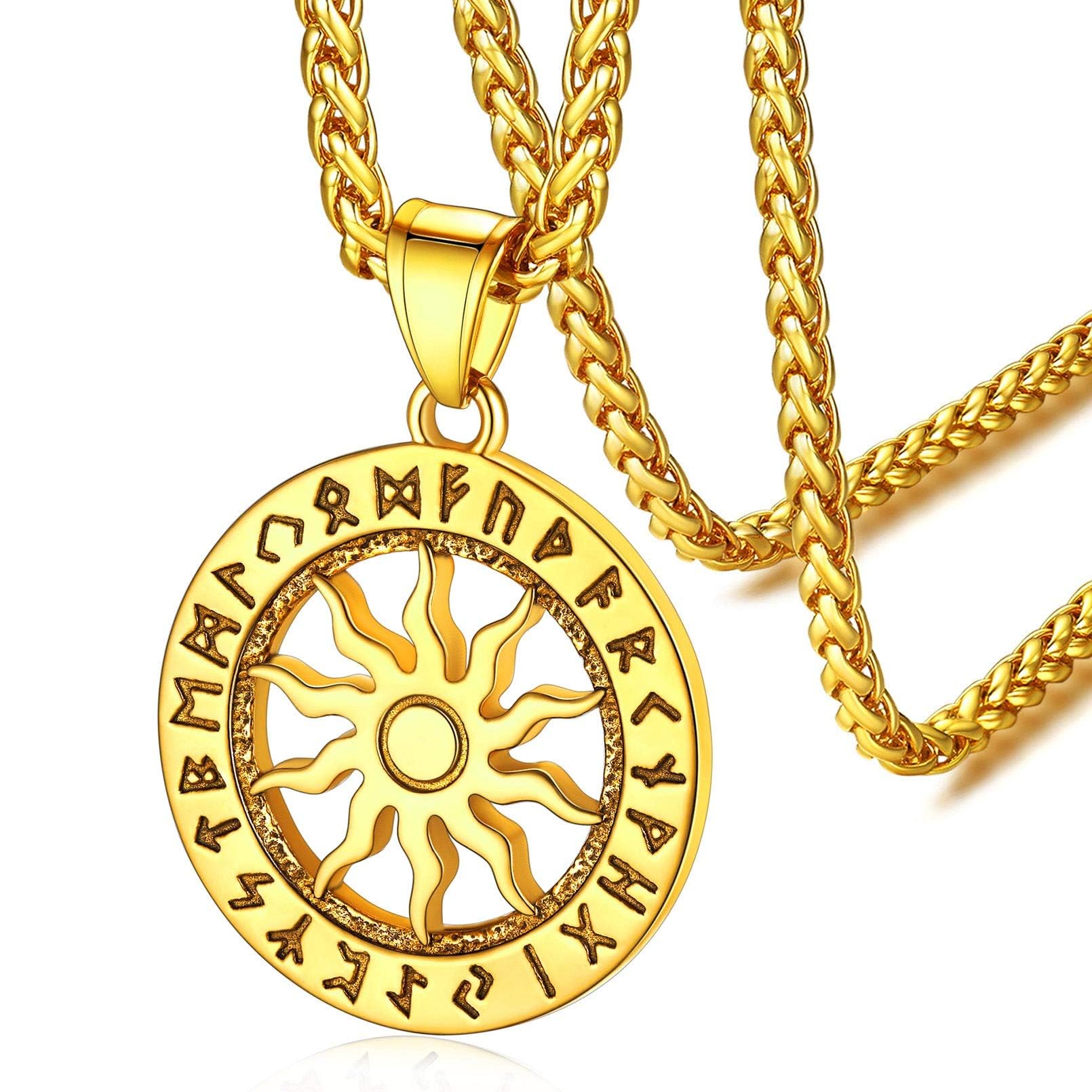 FaithHeart Norse Jewellery Sun Necklace for Boys, Girls Durable 316L Stainless Steel Viking Nordic Rune Pendant Gold Plated Jewelry with Link Cable Chain 22in+2in, Gifts for Birthday