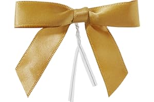Juvale Satin Twist Tie Bows (100-Pack)- Pre-Tied Gold Ribbon and Mini Bows for Crafts, Wrap Bags, Party Favors, Baked Goods, Cookies, Mini Bowties for Hair Decorations (2.5 x 3 in)