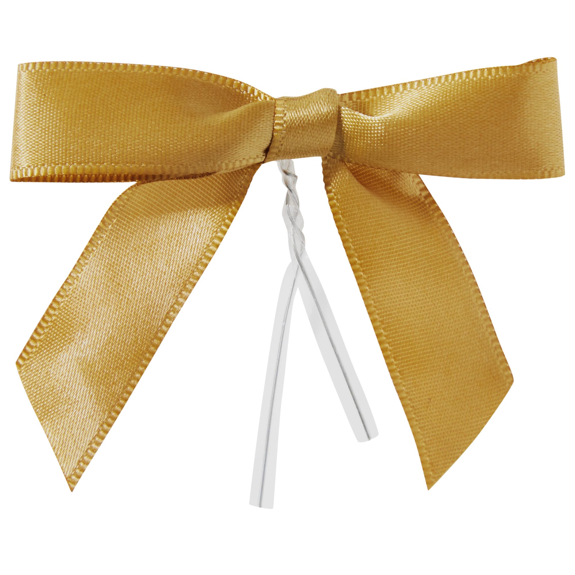 100-Pack Twist Tie Bows for Crafts, Pre-Tied Satin Ribbon for Christmas Wrap Bags, Party Favors, Baked Goods, Cookies, Mini Bowties for Hair Decorations (2.5x3 in, Metallic Gold)