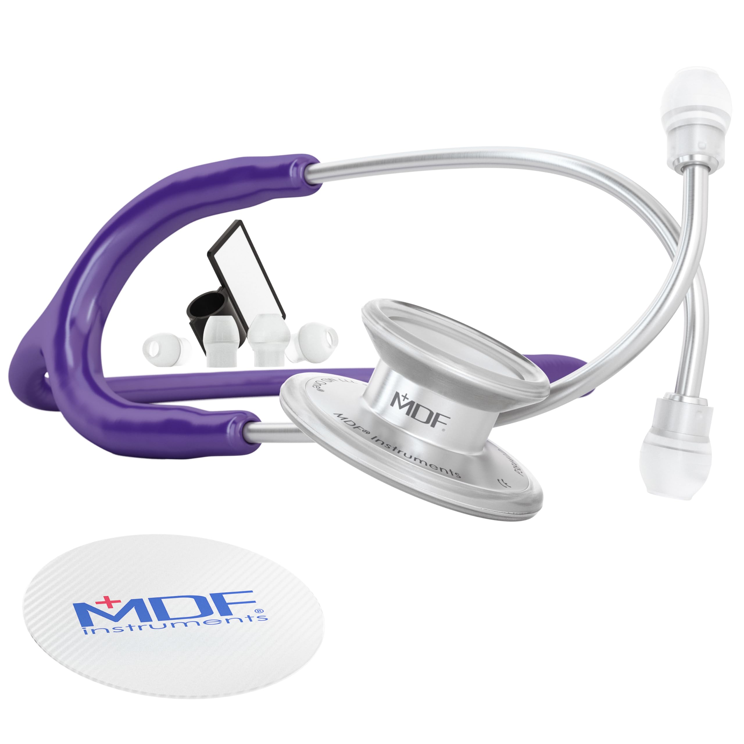 MDF Instruments, MD One Stainless Steel Premium Dual Head Stethoscope, Adult, Purple Tube, Silver Chestpieces-Headset, MDF77708