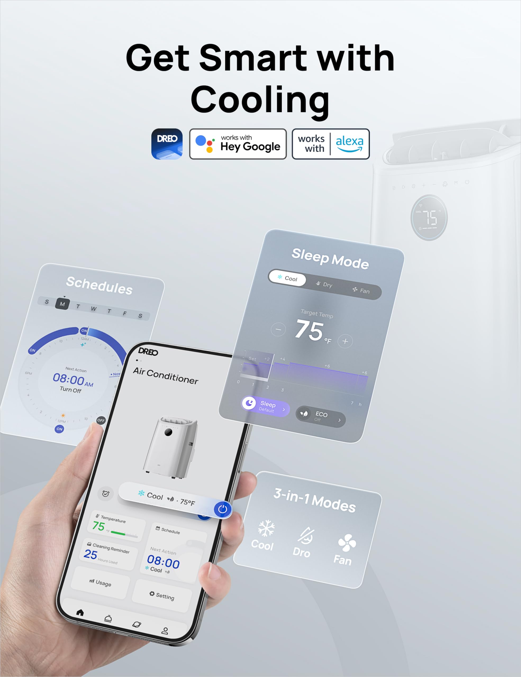 Dreo Portable Air Conditioners, 12,000 BTU AC Unit for Bedroom with Drainage-free Cooling, 46dB Quiet, APP/Voice/Remote, 24h Timer with Fan & Dehumidifier, Smart Standing AC for Room Indoors, AC515S