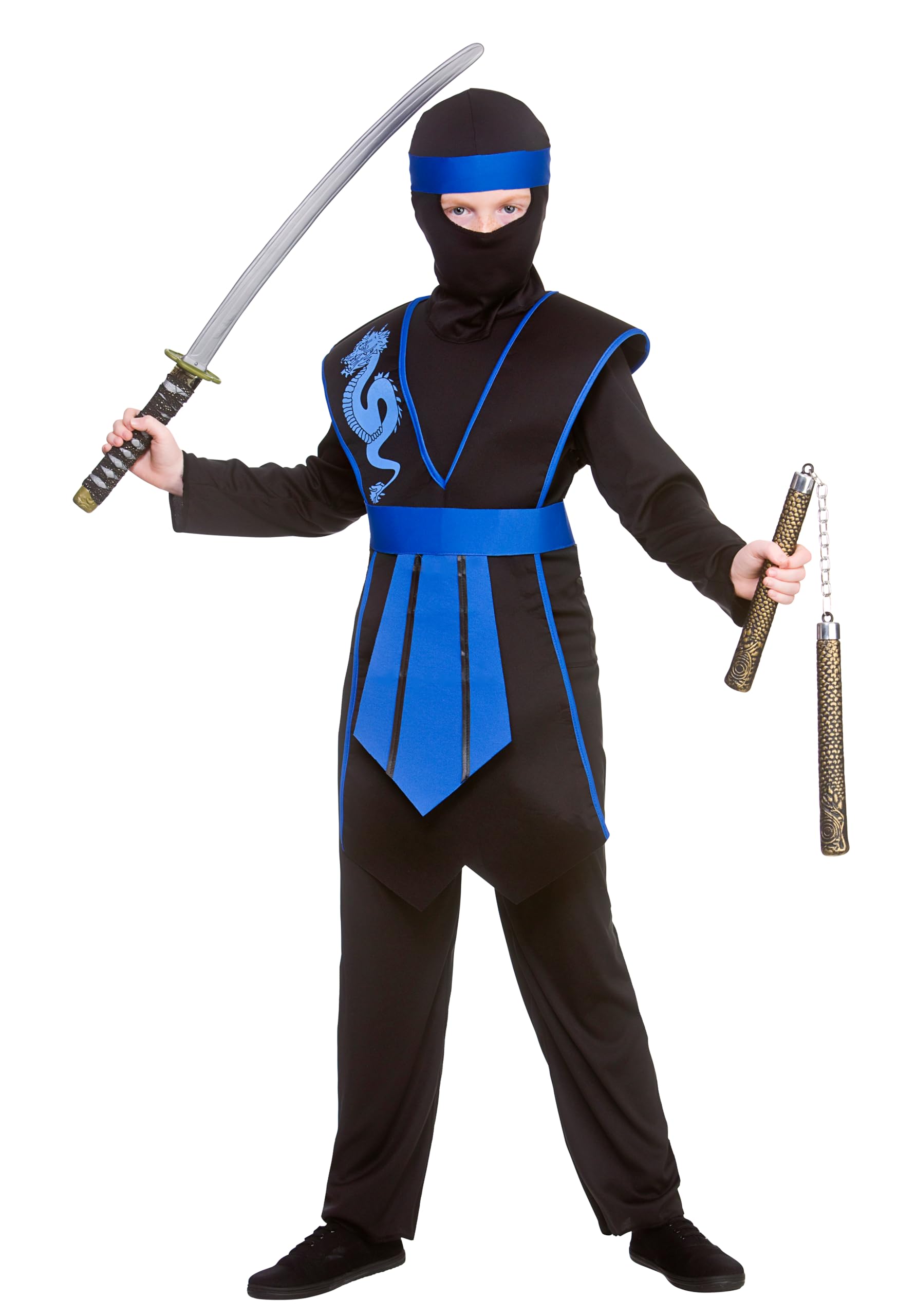 Wicked Costumes Boys Samurai Ninja Outfit – Black & Blue Martial Arts Fancy Dress for World Book Day & Halloween - Medium (5-7 Years)
