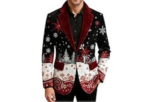 hlysgo Mens Christmas Suit Jackets Xmas Printed Corduroy Business Blazers Lapel Button Fitted Party Trench Coat with Pockets