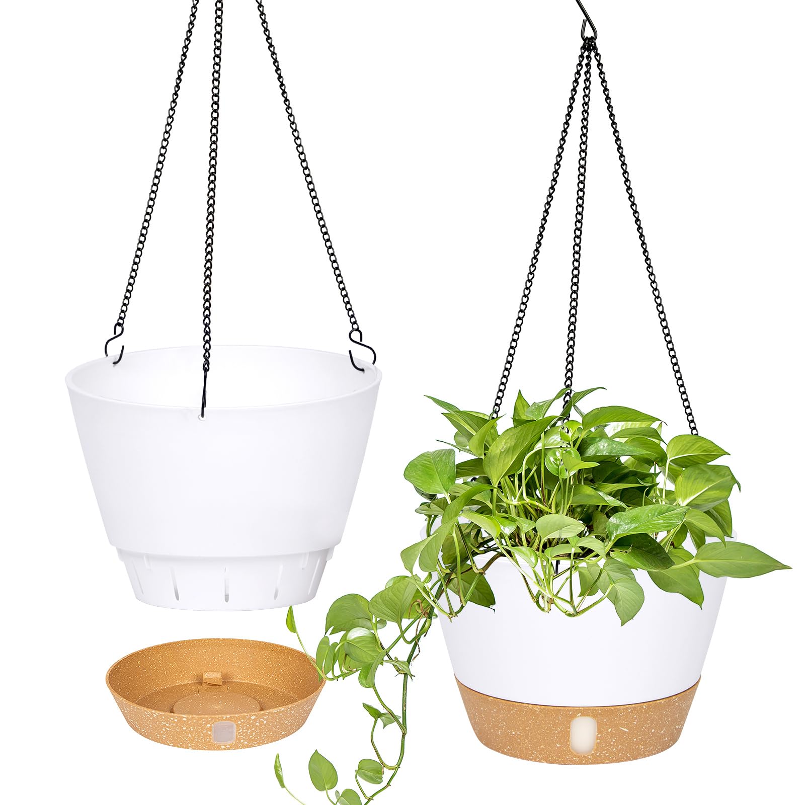 QCQHDU 2 Pack Hanging Planters Set, 25.4cm Indoor Outdoor Hanging Plant Pot Basket,Hanging Flower Pot with Drainage Hole with 3 Hooks for Garden Home (White)