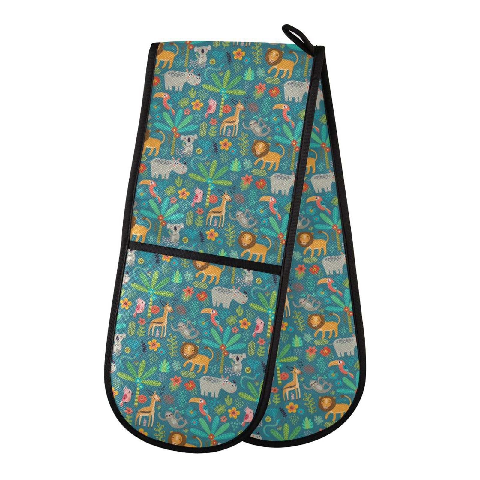 Jungle Animals Double Oven Gloves Heat Resistant Pot Holder Oven Mitt Gloves for BBQ Cooking Baking Grilling Microwave