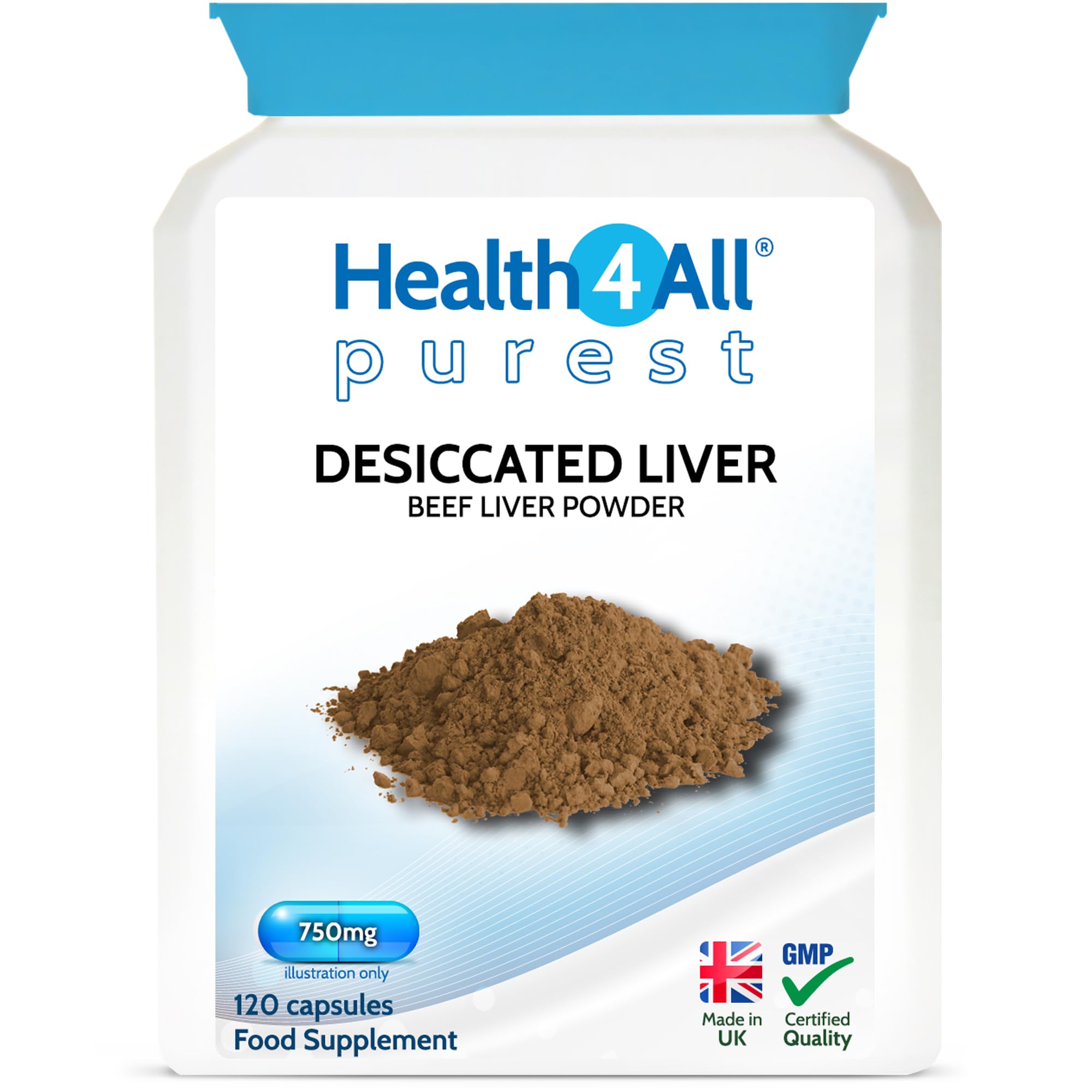 Beef Liver Capsules, 120 Capsules, 750mg per Capsule, Desiccated Beef Liver Supplement, Un-defatted, Naturally Occurring Vitamins and Minerals, Made in the UK - Health4All
