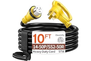 DEEKLIFY 10FT 50 Amp Generator Cord, NEMA 14-50P/SS2-50R Heavy-Duty 4 Conductors Cable, Pure Copper STW RV Extension Cord, Female Plug with Twist Lock, Suitable for RV or Camper, ETL Listed