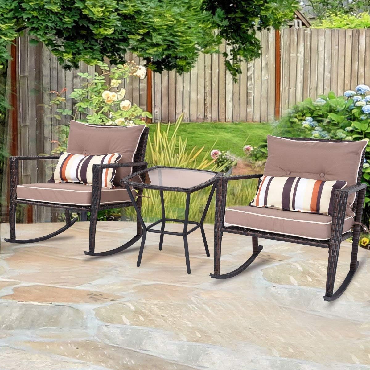 Tangkula AM1483HM Rocking Set 3 Piece Outdoor Patio Garden Poolside Wicker RATT, Brown: Garden & Outdoor