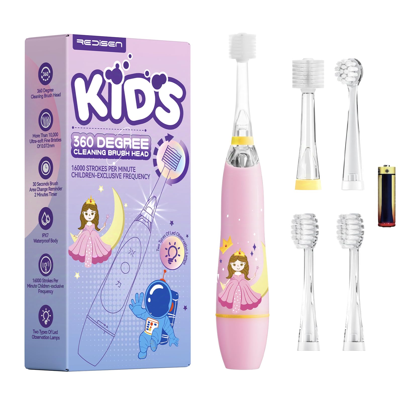 Photo 1 of ReDISEN 360 Degree Children’s Electric Toothbrush with Fun LED Lights, Built-in 2-Minute Timer, Extra Soft Bristles & Ergonomic Handle - Ideal for Ages 1-12, 4 Replacement Brush Heads?Pink?