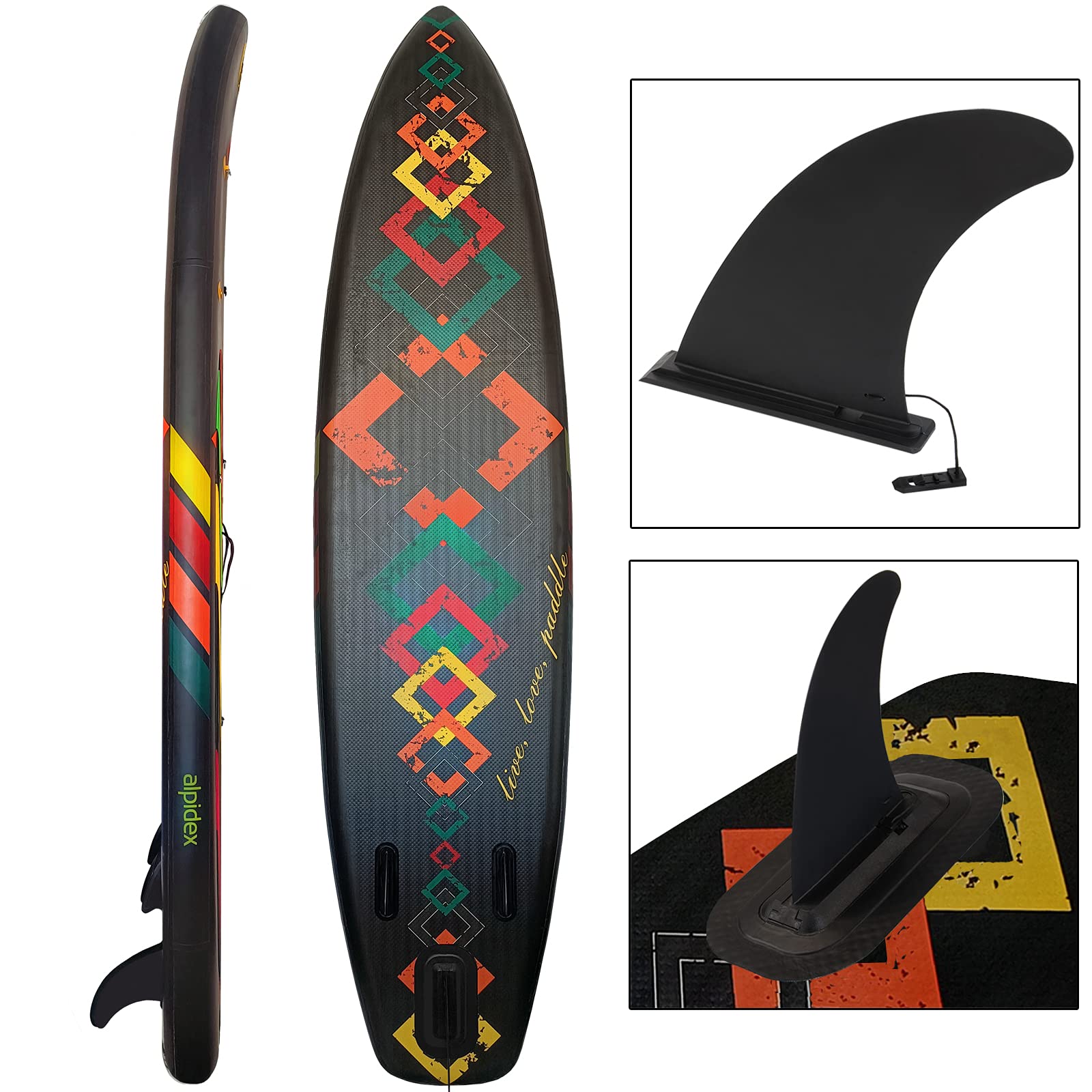 ALPIDEX Stand Up Paddle Set SUP 320 x 76 x 15 cm max. belastbar bis 200 kg Aufblasbar Stabil Leicht Komplett Set Tragetasche Paddel Finnen Luftpumpe Leash Repair Kit, Farbe:Black 3