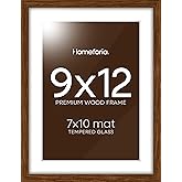 Homeforia 9x12 Picture Frame Brown, High End Dark Oak 9 x 12 Walnut Wooden Frames with Mat 7 by 10 Photo, 12x9 Wood Frame Matted to 7x10 Art, Wall or Tabletop Frame, Tempered Glass, Wall Kit, Set of 1