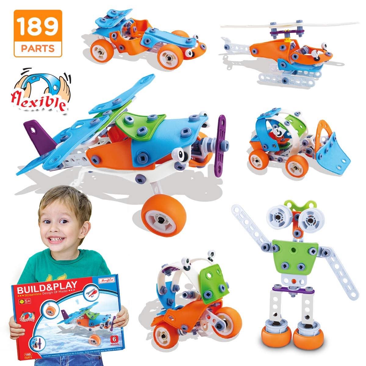STEM Toys, 189 pcs 6-in-1 Build and Play Toy Set Educational Construction Engineering Building Blocks Learning Kit for Boys and Girls