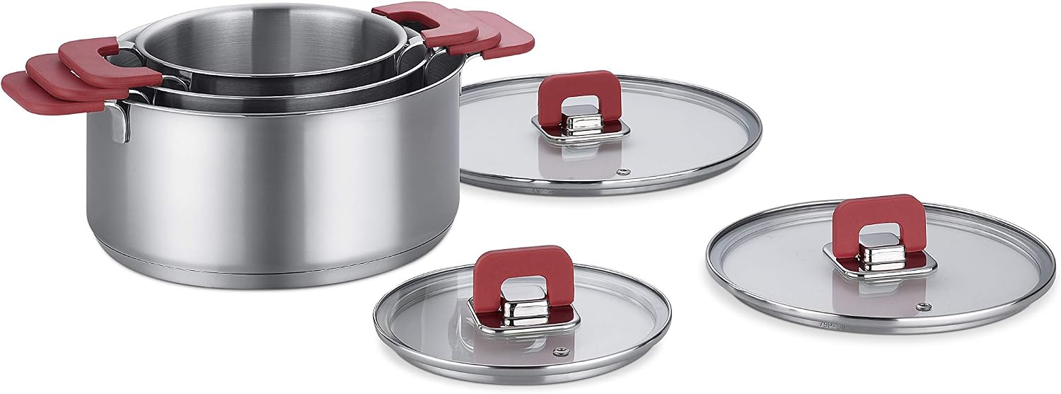 Amazon Basics 3-Piece Stainless Steel Space Saving Induction Cookware Set, Casserole with Stackable Lid, Soft Touch Handle - Image 4