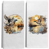 EKGJW 2 Pack Flying Mallard Duck Kitchen Towels,Rustic Wildlife Waterfowl Lover Dish & Hand Towels for Kitchen & Bathroom Decor,Sunset Hunting Duck Gifts for Women Men Lovers,16x24 Inch