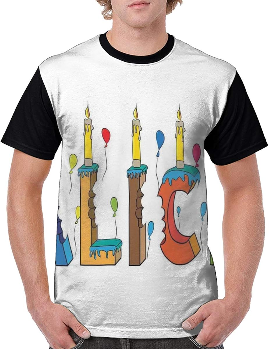 GULTMEE Man's T Shirts,Colorful Girl Name with Balloons Bitten Letters Candles Cartoon Style Illustration