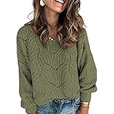 Dokotoo Womens Sweaters 2025 Crewneck Cute Elegant Soft Long Sleeve Hollow Cable Knit Pullover Tops