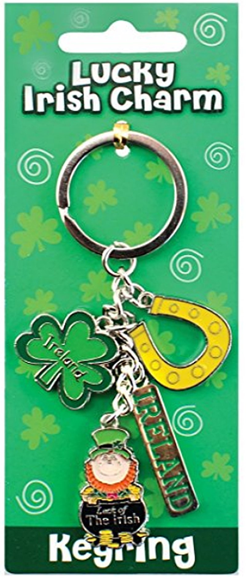 Irish Style Charm Keychain With Horseshoe, Shamrock & Leprechaun In Pot Of Gold