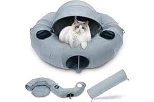 OUHOU Cat Tunnel Bed, Indoor Cat Tunnels with Hanging Balls, Peepholes, and Washable Mat, Green