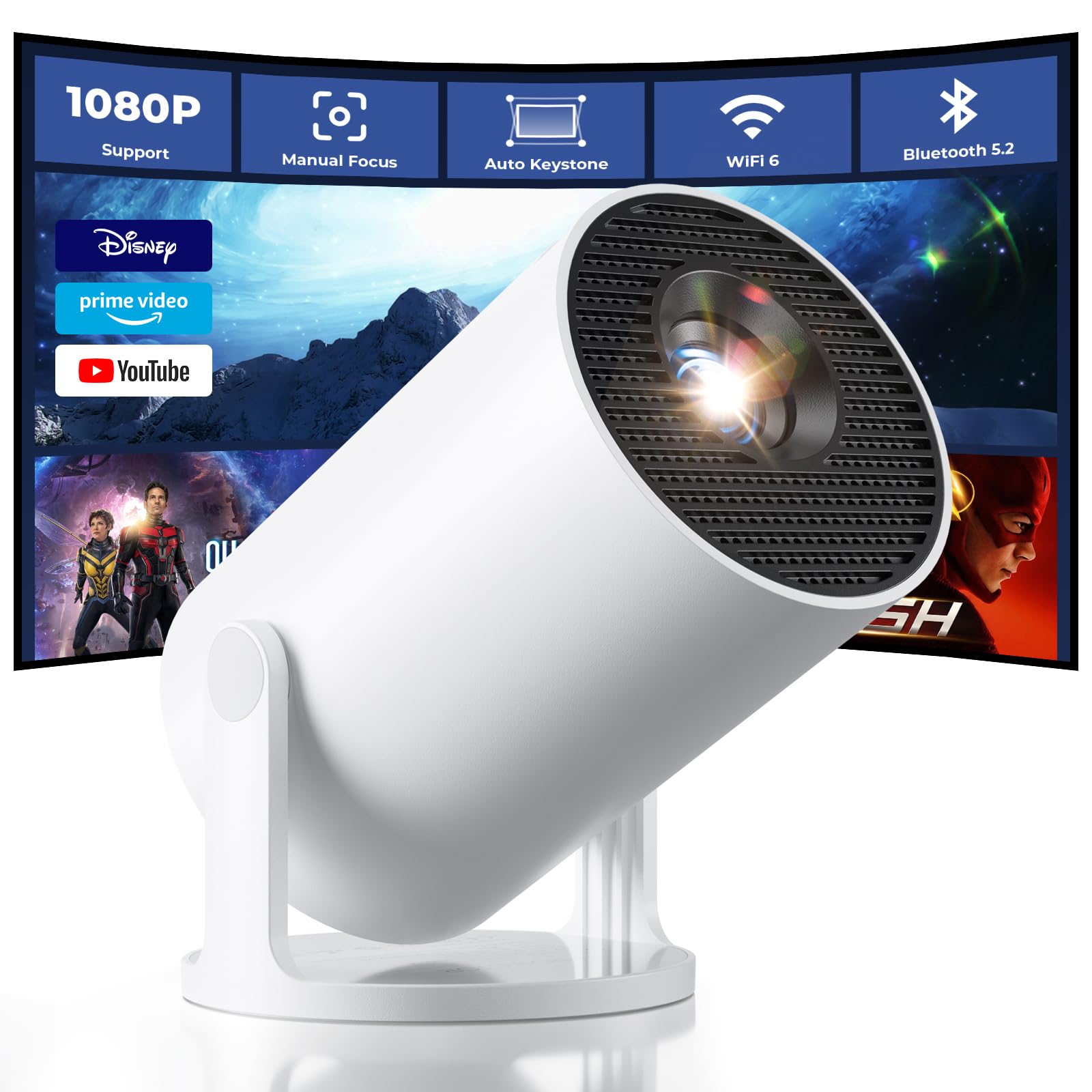 CLOKOWE Mini Projector with WiFi and Bluetooth - Built-in Apps, Smart Portable Projector with 180° Rotation, Auto Keystone, Support 1080P, Compatible with HDMI/USB/TV Stick/Smartphone/Laptop
