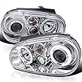 Spec-D Tuning Chrome Dual Halo Projector Headlights Compatible with 1999-2006 Volkswagen Golf, Golf GTI VW MK4 Left + Right Pair Headlamps Assembly