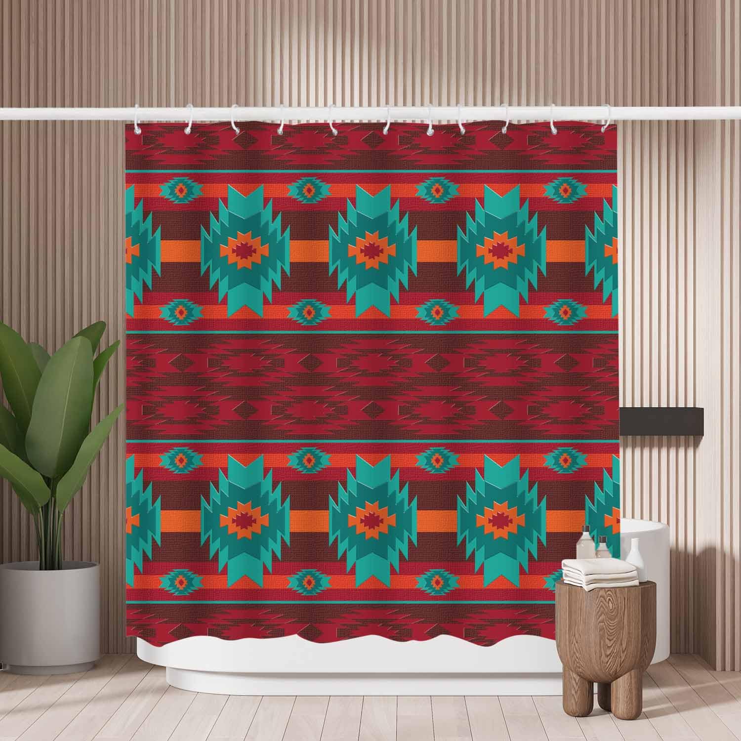 Woutay Shower Curtain Water Repellant Fabric Red Ethnic Aztec Pattern,Mould Proof Resistant,Polyester,with 12 Plastic Hooks