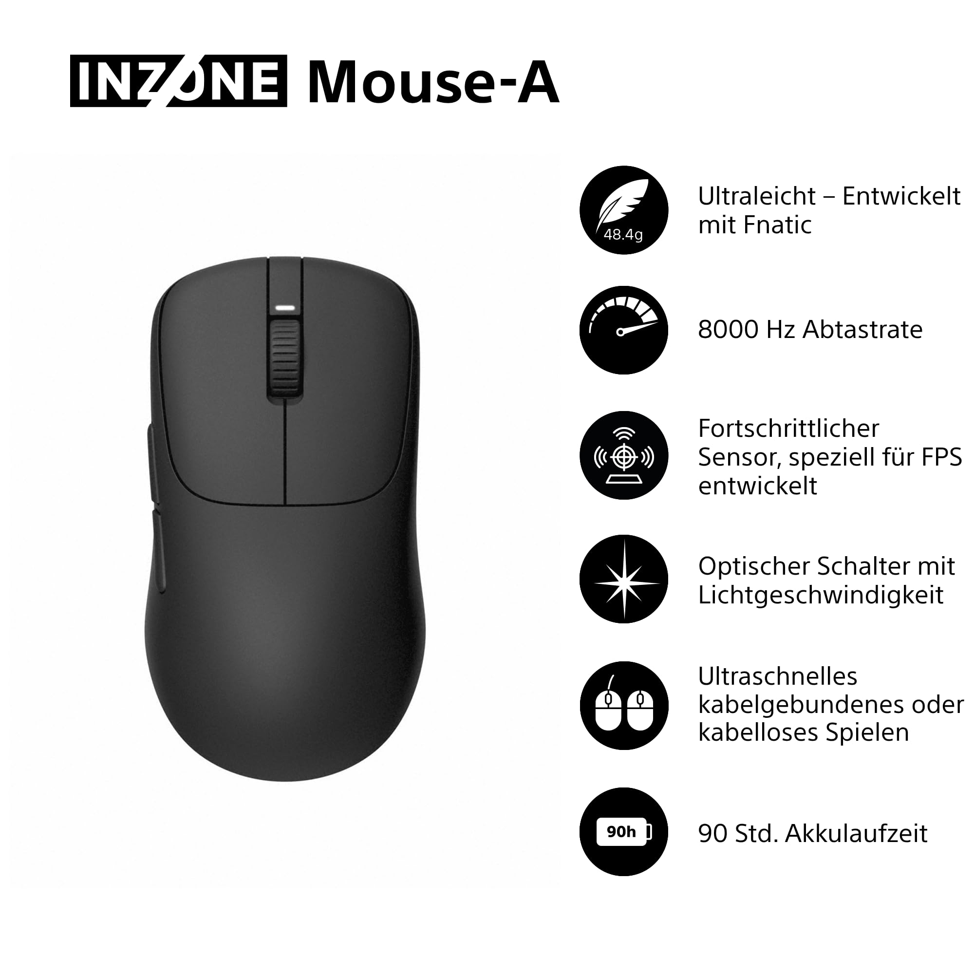 Sony INZONE Mouse-A Kabellose Gaming-Maus - Ultraleicht 48,4g, 8000Hz Polling, 30K DPI PixArt Sensor, Optische Schalter, 90 Std. Akkulaufzeit, USB-C, Fnatic Co-Designed - PC FPS Esports - Schwarz 2