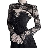 Women Sexy Gothic Long Sleeve Lace Shrug Sweatshirts Retro Steampunk Crop Tops Jacket Cardigan for Halloween Party Costume