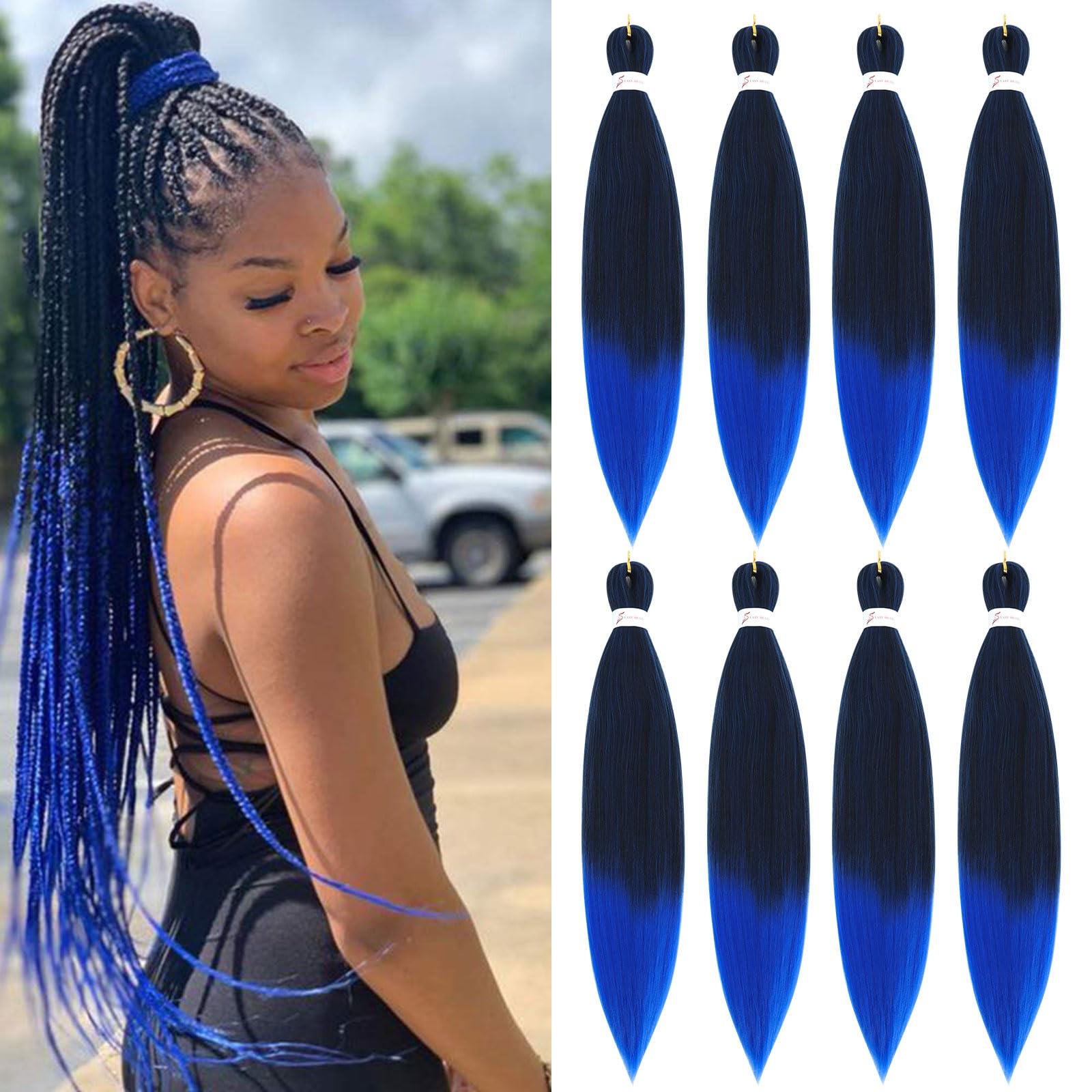 Easy Braid Pre stretched Braiding Hair Extensions 26 Inch 8Packs Ombre Braiding Hair Soft Yaki Texture Crochet Synthetic Hair for Woman Hot Water Setting Crochet Braiding Hair Extensions (1B/Blue#) — image 1