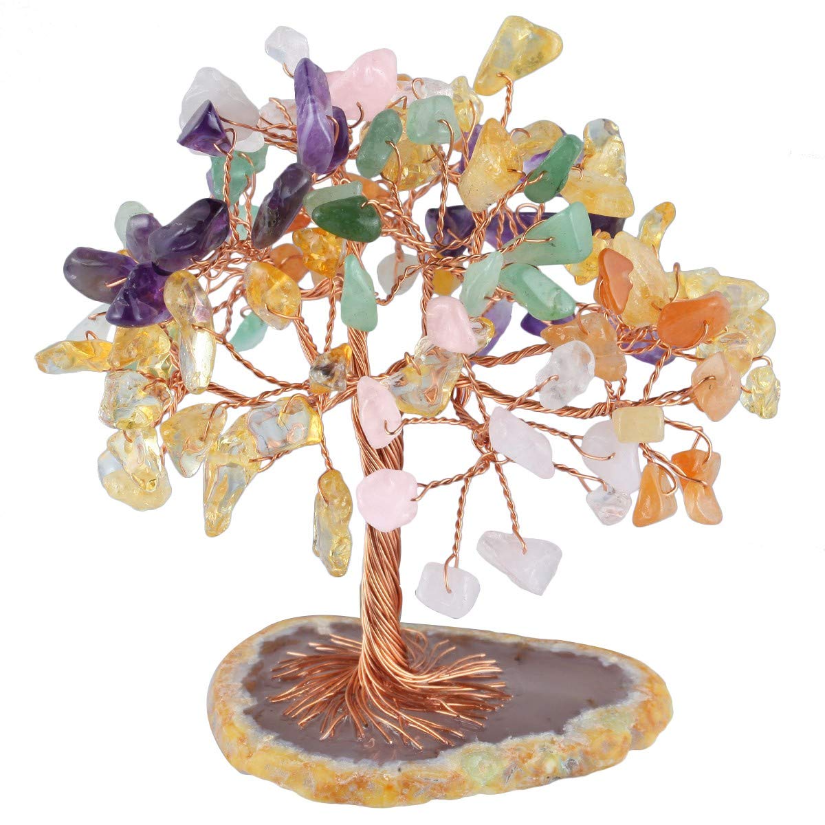 KYEYGWO Handmade Colorized Crystal Money Tree for Good Luck Wealth Health, Figurine Bonsai on Natural Agate Slab 2.3"-3" High