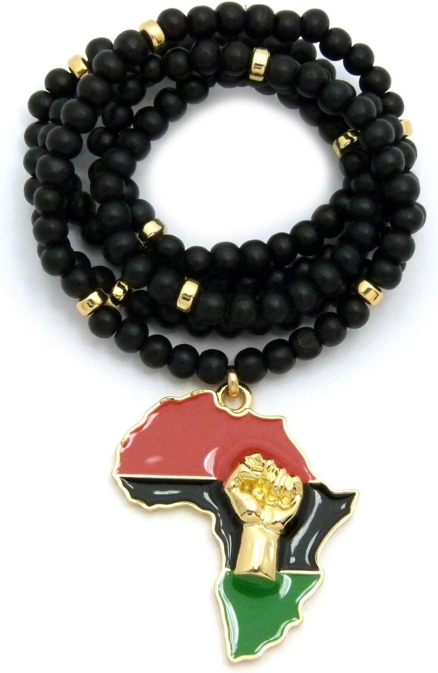 Mens Small Fist Power in Africa Map Shape Pendant Box Rope Cuban Wood Bead Chain Necklace
