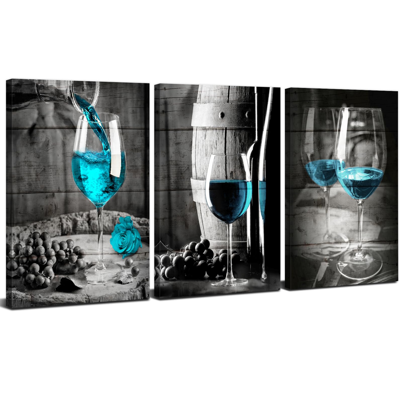 Blue Wine Decor Kitchen Wall Art Set of 3 Black and White Wall Decor Wine Glass Picture Canvas Prints for Dining Room Bar Paintings Still Life Drink Poster Modern Wall Artwork Home Decorations 30x40cm