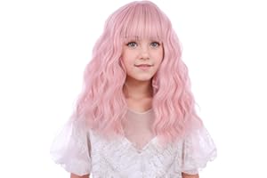 WAVELNM Pastel Pink Wigs for Kids Girls Light Pink Wig with Air Bangs Child Short Wavy Curly Wig Kids Daily Halloween Party Cosplay Wigs