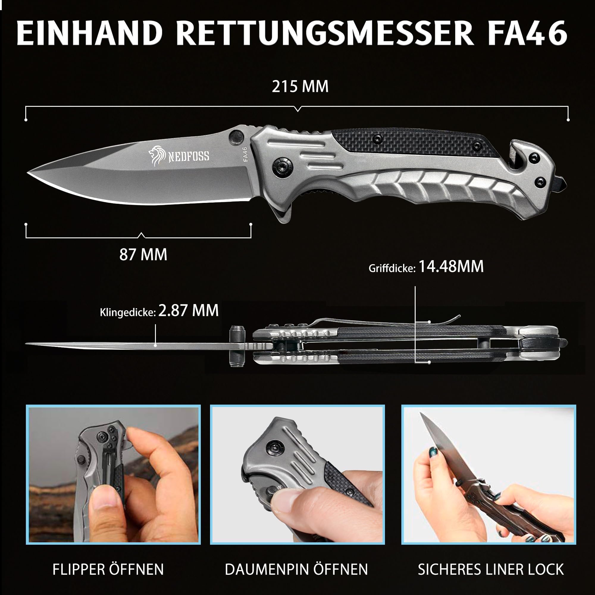 NedFoss FA46 Taschenmesser, Rettungsmesser, Klappmesser, Einhandmesser 5