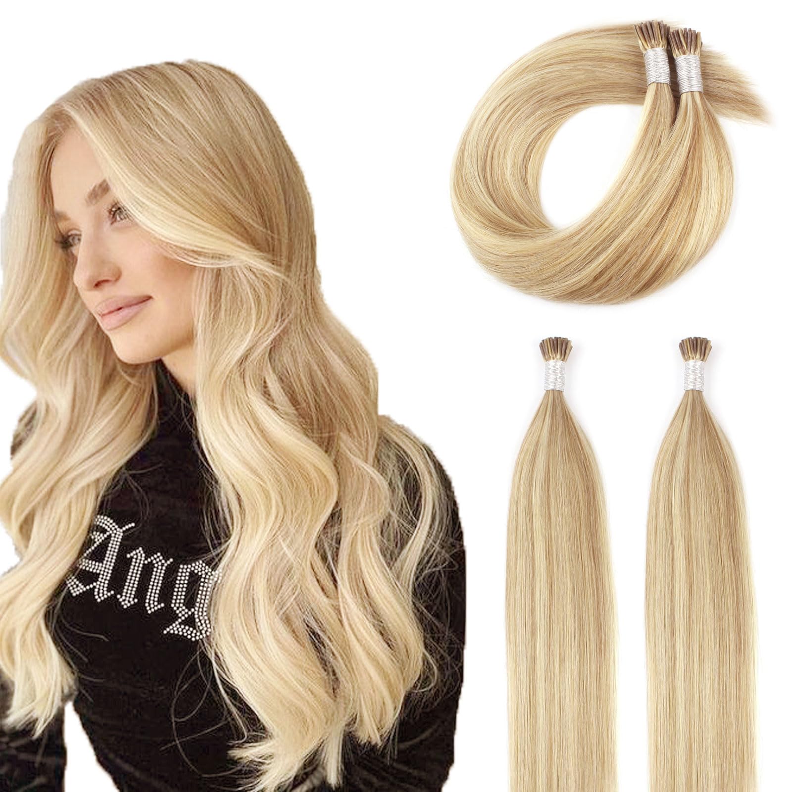 ABH AmazingBeauty Hair Itip Hair Extensions Human Hair 14 Inch I Tip Extensions Dirty Blonde Highlights With Bleach Blonde Fusion Real Human Hair Extensions 100strands 50G Pre Bonded Hair Extensions โ image 1