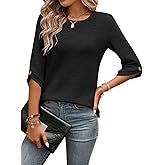 EADINVE Womens Tops 3/4 Length Sleeve Crew Neck Casual Trendy Button Tunic Tops Basic Shirts Loose Fit Blouse