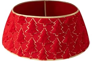 Christmas Tree Collar Plush Gold Trimmed Tree Skirt, Decorative Stand for Holiday Decor, Green Festive Tree Base Cover (Red)