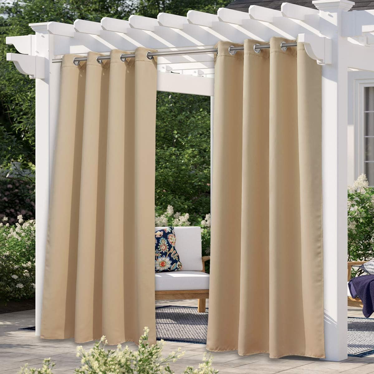 Outdoor Curtains - NICETOWN Outdoor Patio Curtains Waterproof, Rustproof Stainless Steel Grommet Porch Decor Thermal Insulated Tent Curtain Drape for Outdoor Open-air Film, Biscotti Beige, 1 Piece, W52 x L84 Inch