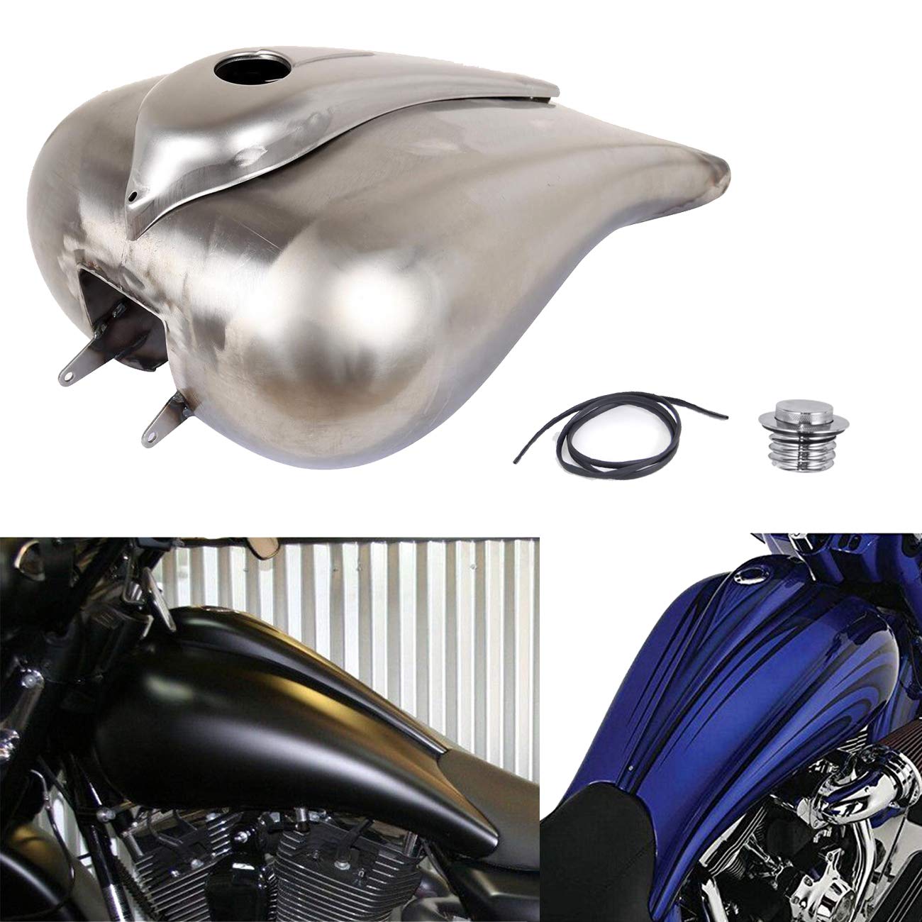 TTX-LIGHTING 6.6 Gallon Custom Stretch Steel Gas Fuel Tank Kit for Harley Davidson Touring Road King Glide Electra Street Glide FLHR FLHX FLTR FLHT Baggers 2008-2019