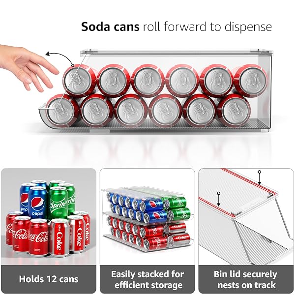 SORBUS SODA CAN ORGANIZER FOR REFRIGERATOR – STACKABLE CAN DISPENSER WITH LID FOR FRIDGE, PANTRY, OR FREEZER – HOLDS 12 CANS EACH, BPA-FREE CLEAR DRINK ORGANIZER (4-PACK)