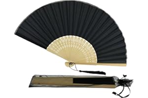 FANSOF.FANS Fabric Handheld Folding Hand Fan With a Tassel Grade A Bamboo Ribs for Women Girls Summer Party Event Favor Birthday Wedding Souvenir Gift (Black)