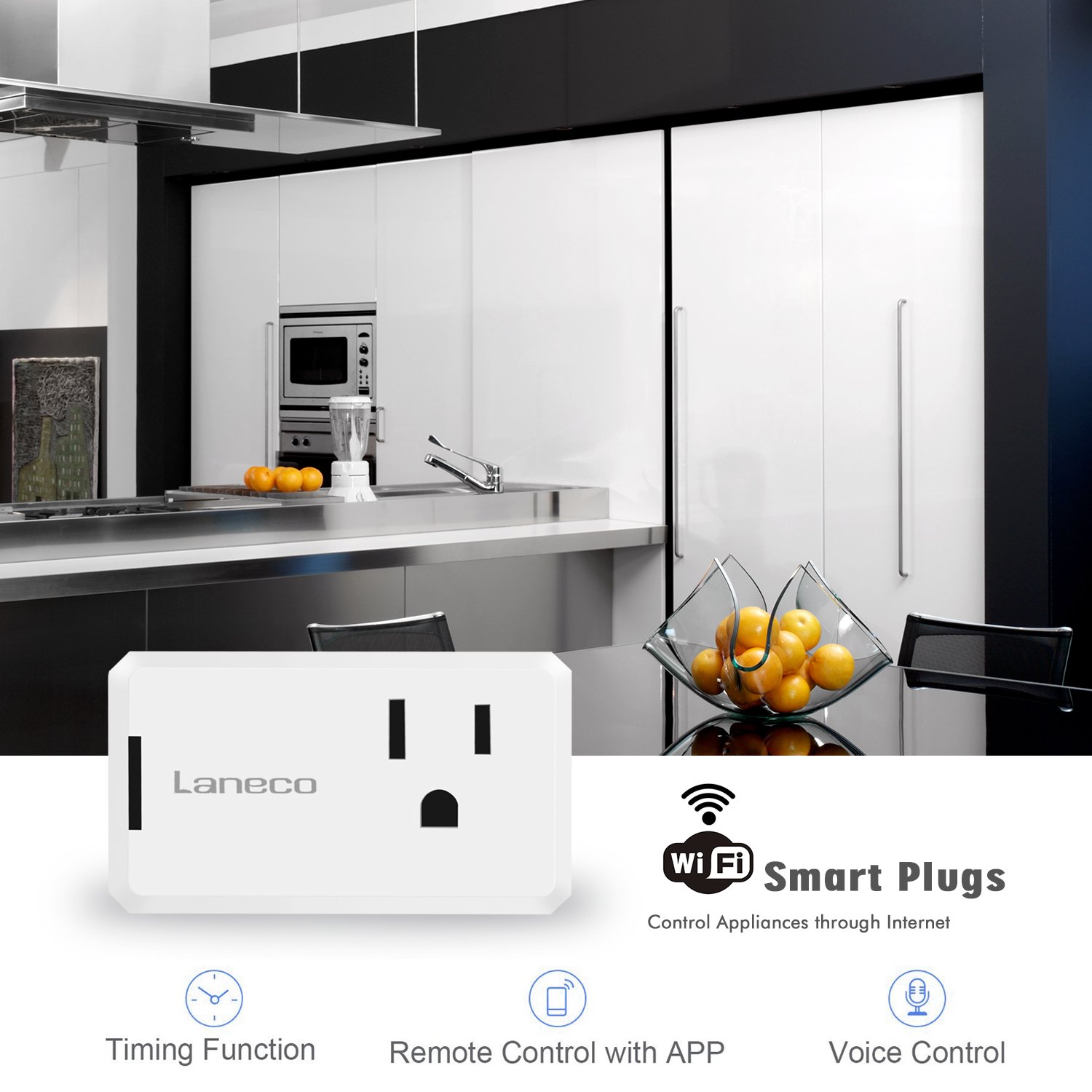 WiFi Smart Plug (2 Pack), Laneco Mini Wireless smart socket Outlet with Timing Function, Control Your Devices from Anywhere Via Free APP, Compatible with Alexa & Google Home, No Hub Required