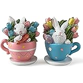 Hodao Easter Bunny Decorations Spring Easter Egg/Cup Bunny Indoor Home Decor Farmhouse Country Style Flowers Bunny Figurines (2pcs Teacup Rabbit Color 1)