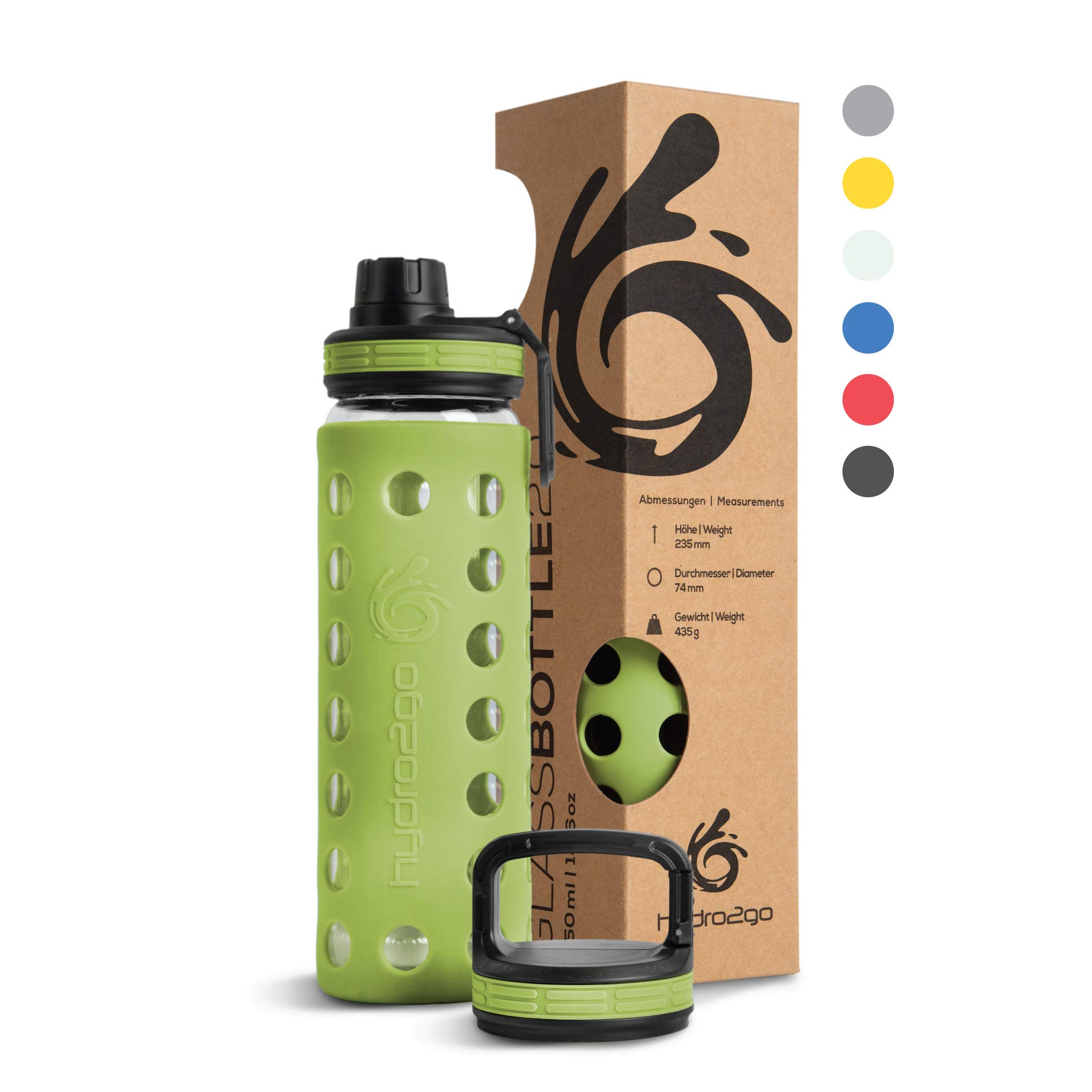 hydro2go Glass Water Bottle with Silicone Sleeve – Dishwasher Safe, 2 Interchangeable Lids, 100% Leak-proof & BPA-free – Ideal for Children, Office, Sports & Outdoor (Olive Green 2.0) – 550 ml