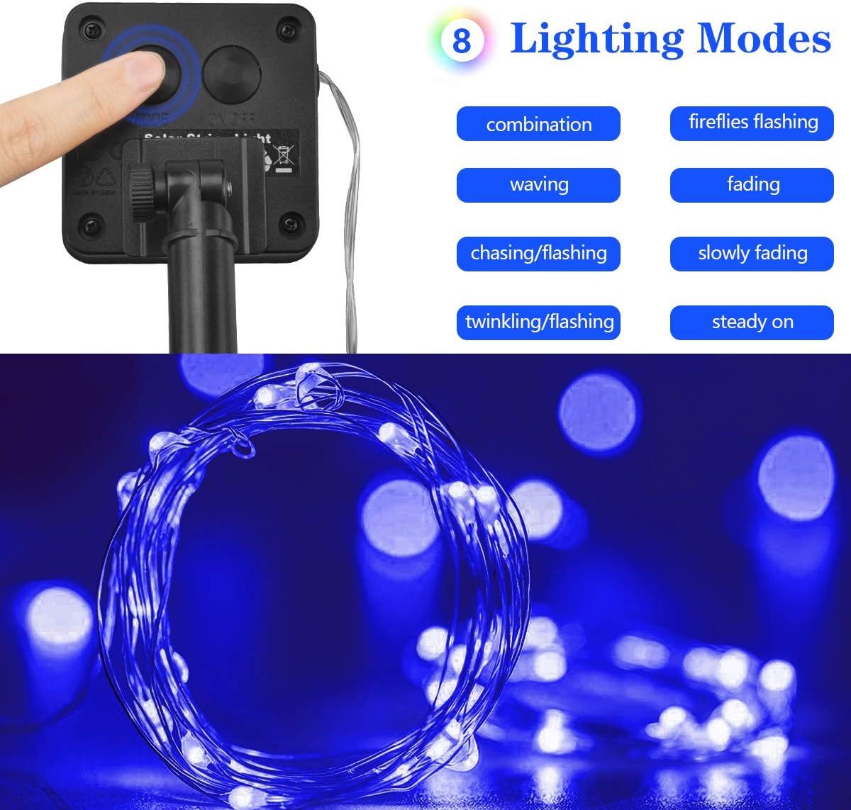 cshare Solar String Lights,2Pack 50LEDs Garden Solar Lights 16Ft/5m 8 Modes Waterproof Silver Wire Fairy Lights for Tree Patio Yard Wedding Pathway Christmas Garden in-Outdoor Decorations(Blue) - Image 3